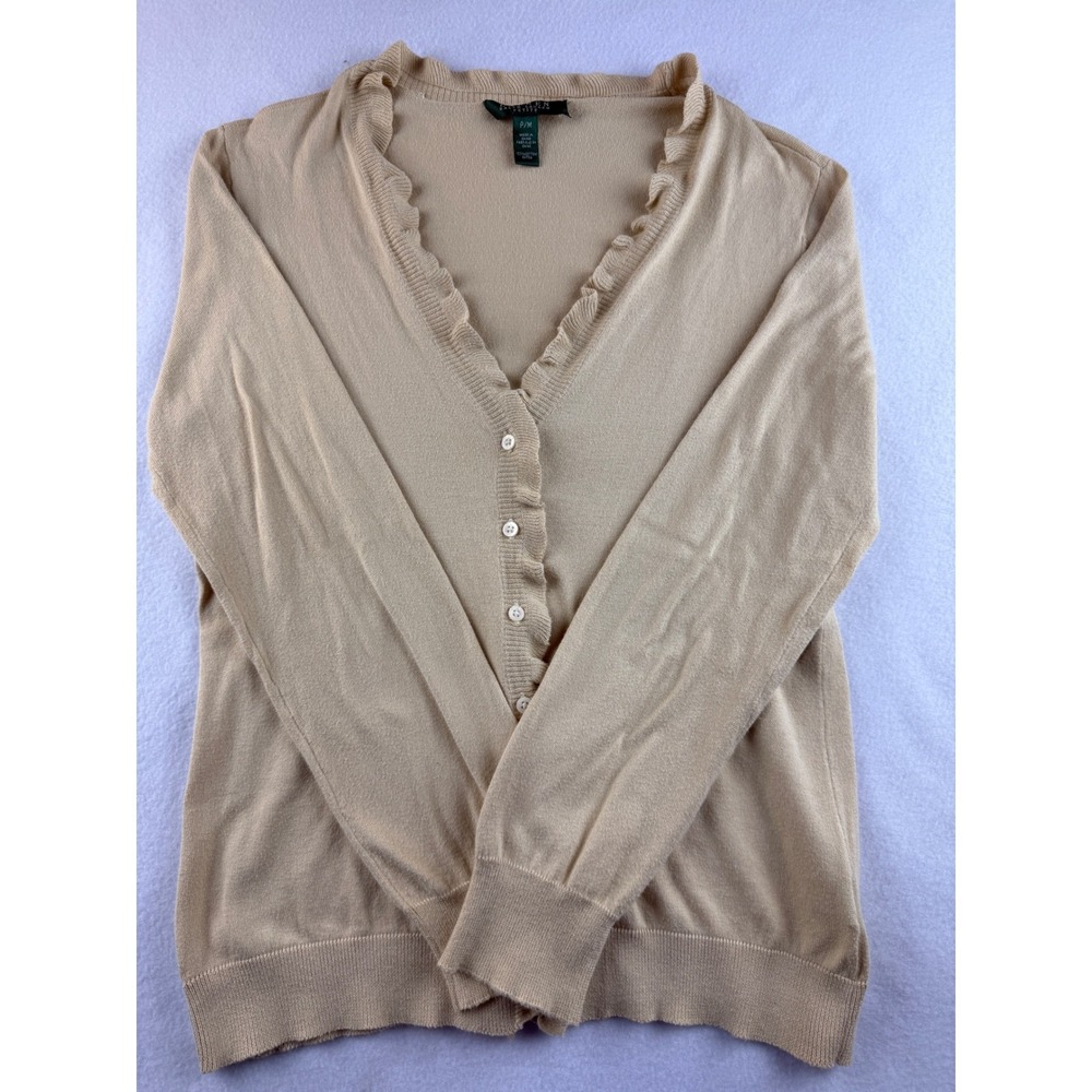 Lauren‎ Ralph Lauren Petite Beige Ruffle V Neck Button Cardigan Sweater P/M